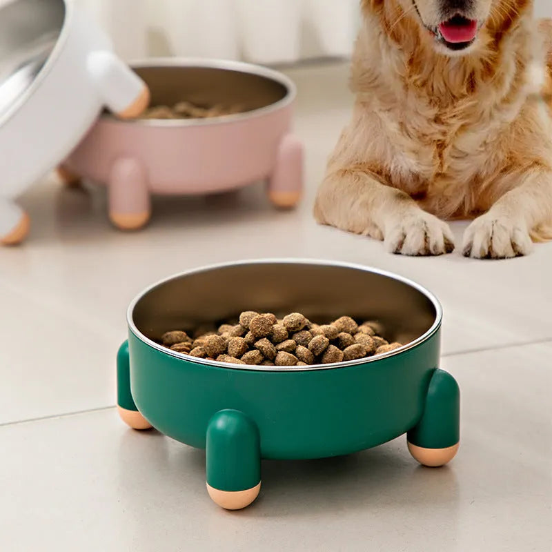 Stainless steel pet bowl with high foot and non-slip base in green, pink, or white colour