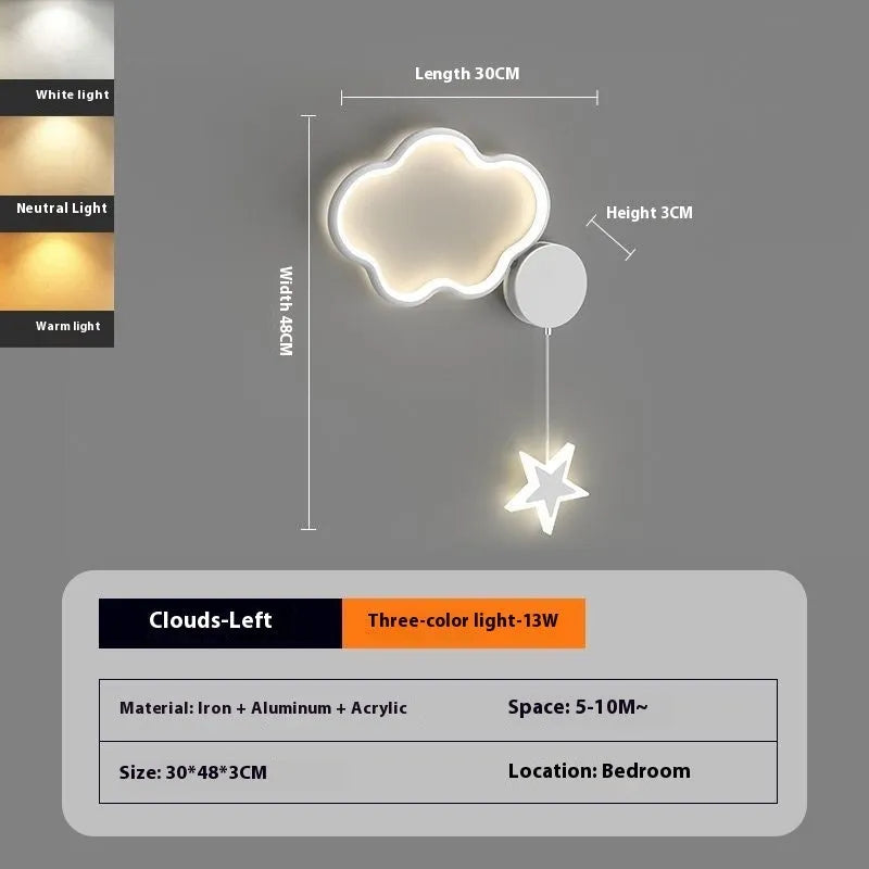 A white cloud-themed children's wall lamp with a left-facing orientation and LED light mounted on a bedroom wall.