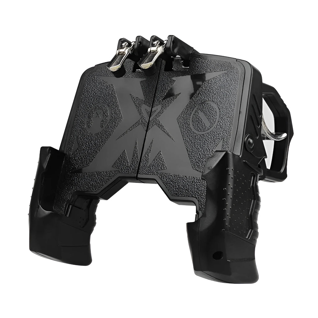 Black mobile phone gamepad handle showing physical buttons and plug-in connection