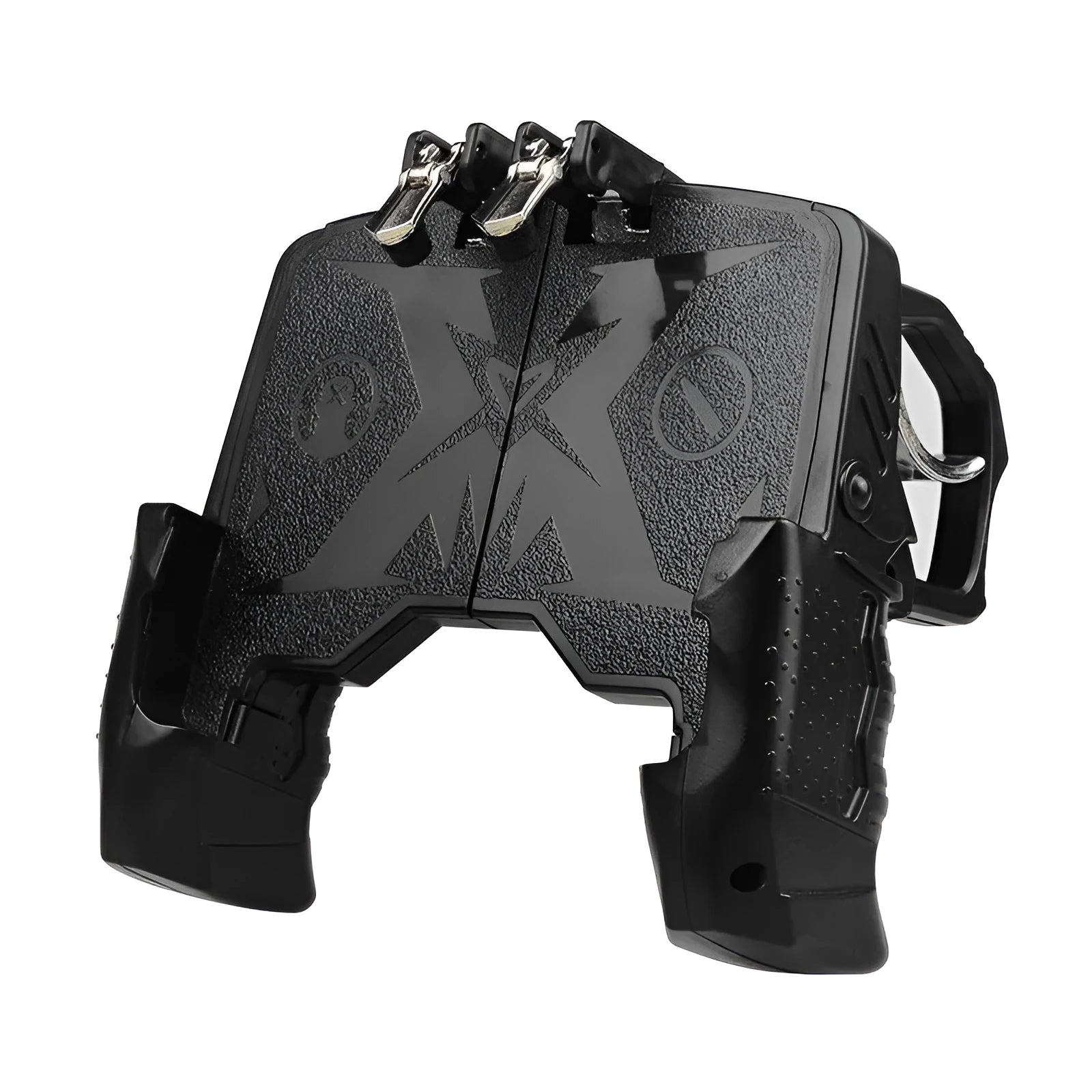 Black mobile phone gamepad handle showing physical buttons and plug-in connection