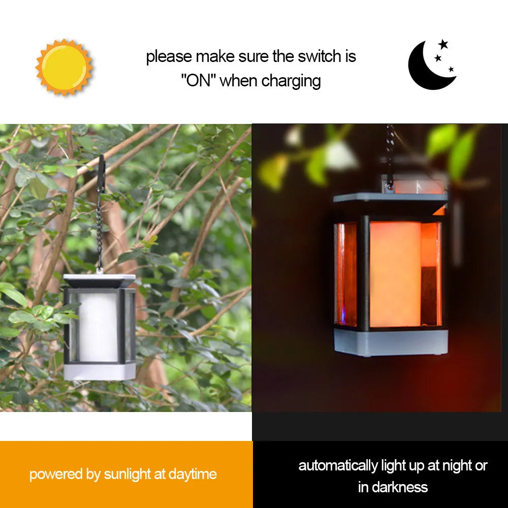 Black antique flame style solar LED outdoor street lamp with solar panel on top.