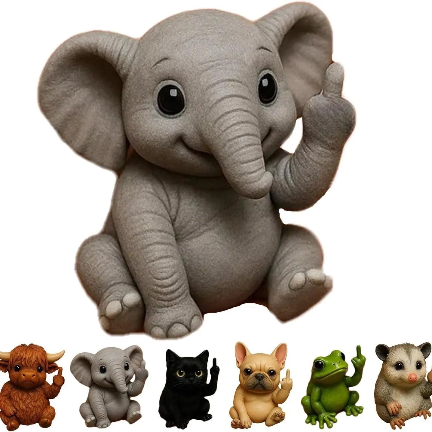 Mini resin animal middle finger ornament doll showing vertical gesture, available in seven animal styles
