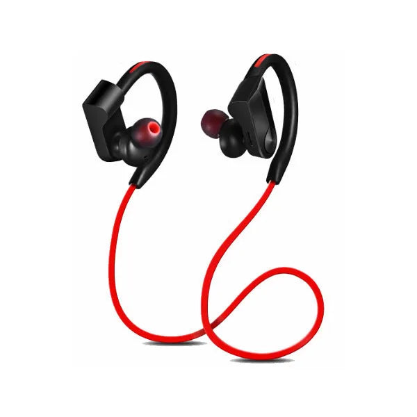 Wireless neckband Bluetooth earphones in black, blue or red colours showing neckband design and earbuds