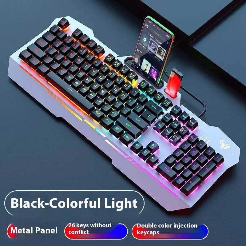 F3010 black and white metal gaming keyboard, mouse, and headset bundle with single-colour LED backlighting.