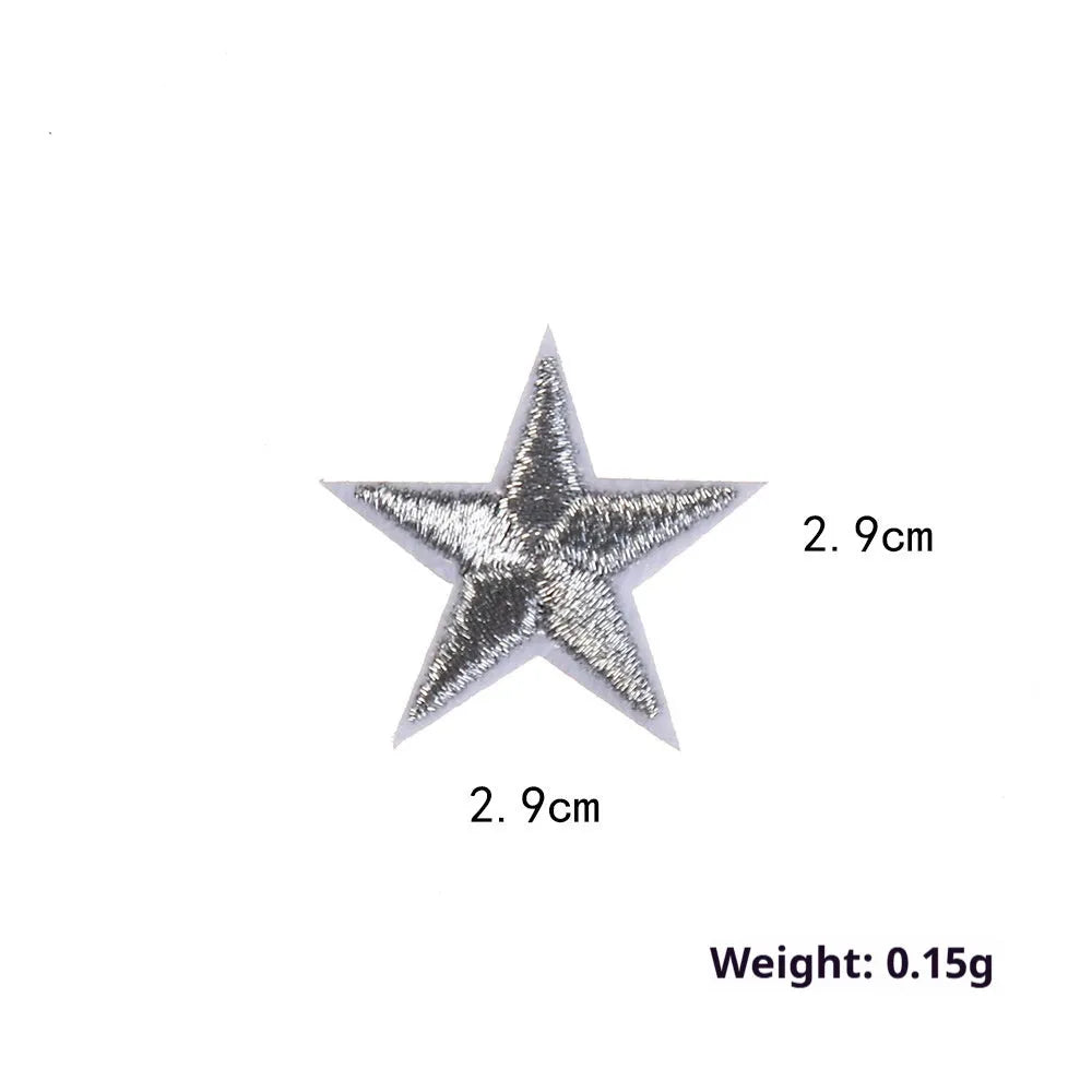 Colourful embroidered five-pointed star designs on cloth sticker labels for DIY clothing customisation.