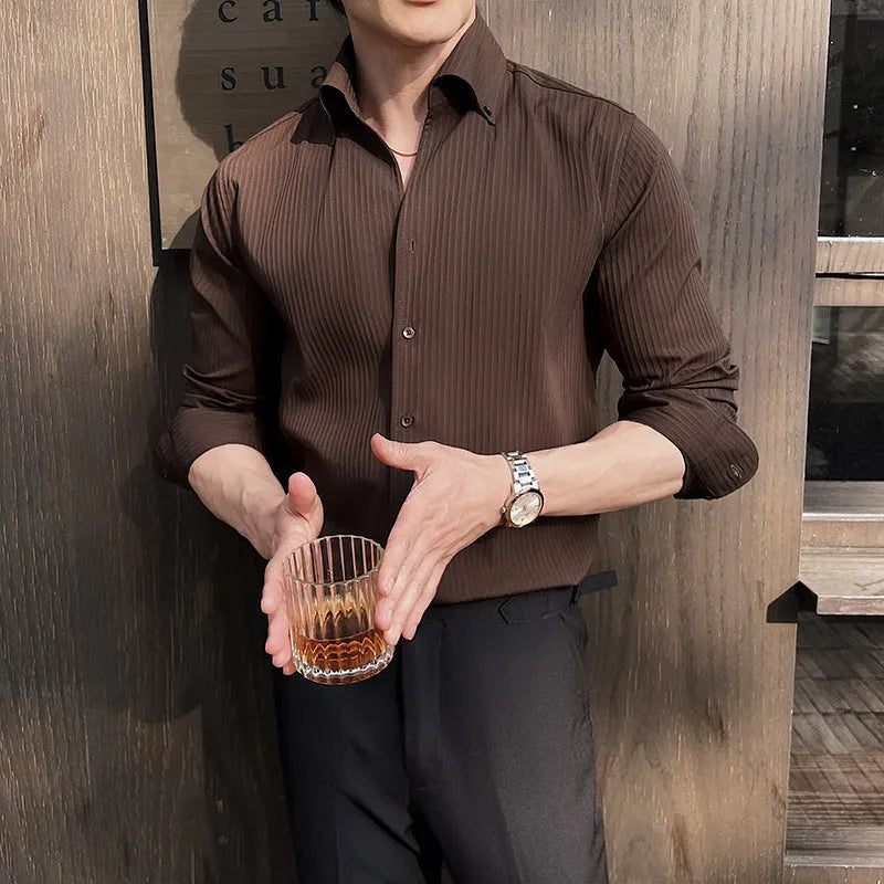 Men's striped V-neck long sleeve casual shirt in polyester blend fabric