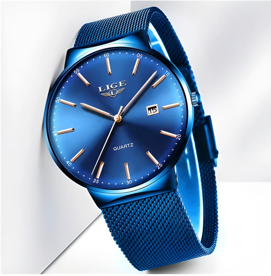 Men's digital watch with stainless steel case and resin strap in black, blue, or two-tone colour