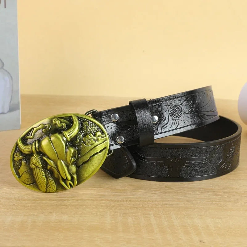 Men's brown leather-look belt with a detailed metal cow head buckle showing carved and embossed details.