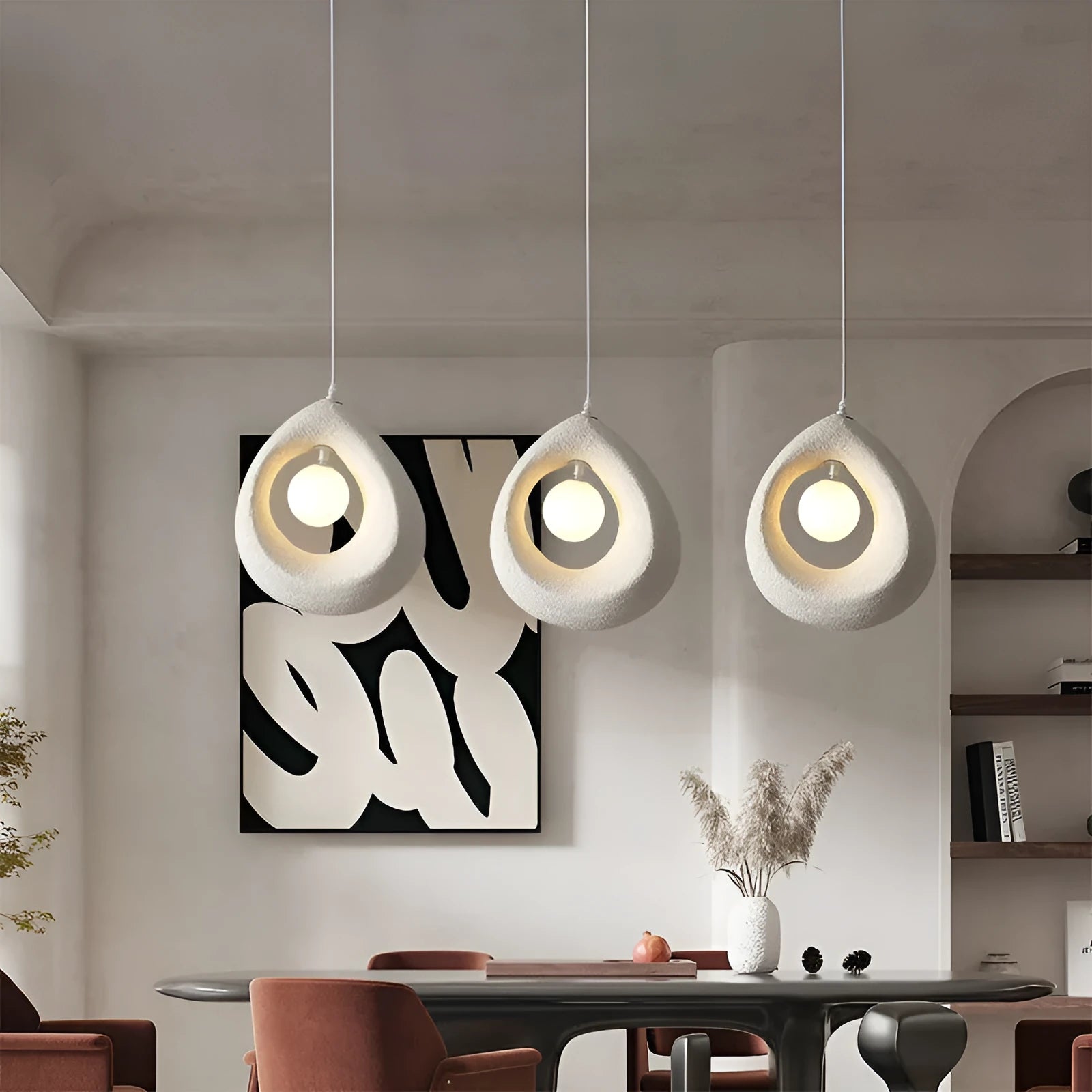 Modern retro pendant light with milky white 32x35cm shade for dining room or living room