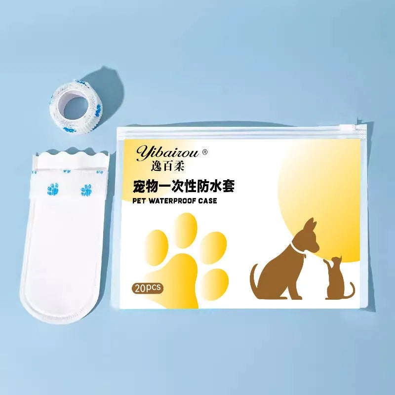 White disposable waterproof shoe covers for dogs with non-slip soles in two size options