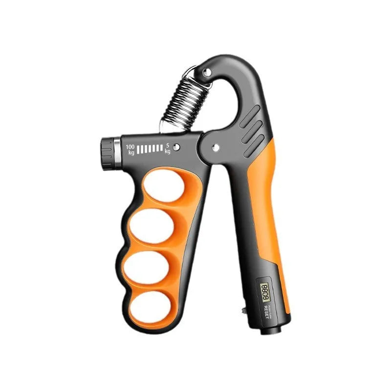 Adjustable electronic count spring grip hand strengthener in grey, orange, or red colour.