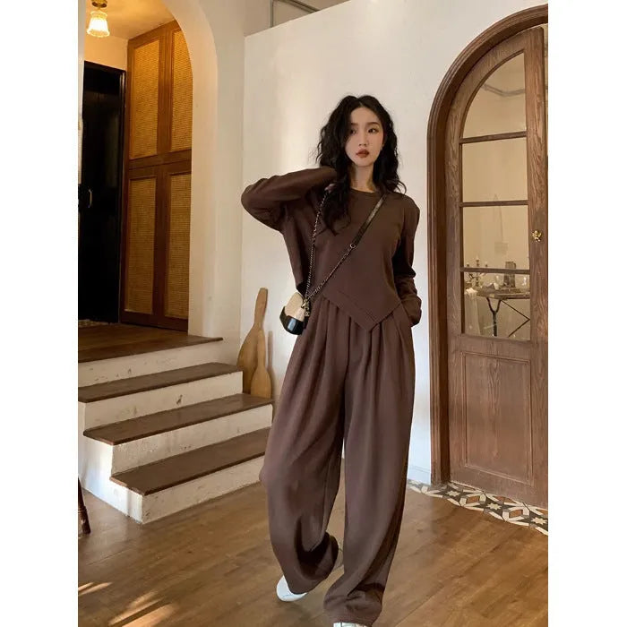 Women's khaki casual sports suit with long sleeve top and loose trousers in Japanese Korean style