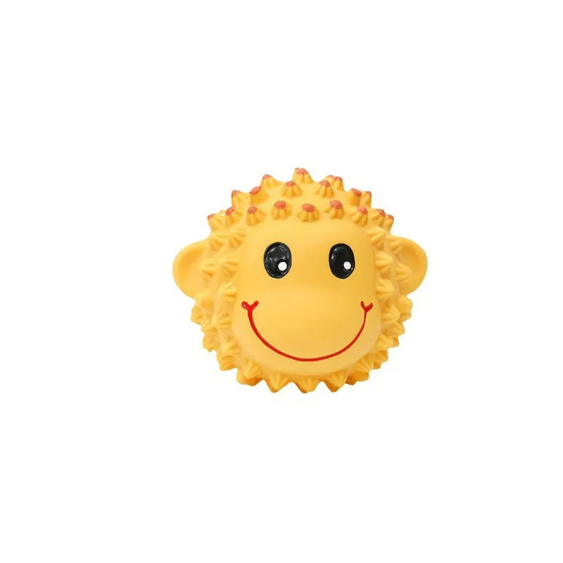 Orange and yellow spiky animal-shaped squeaky dog toys made from natural latex rubber