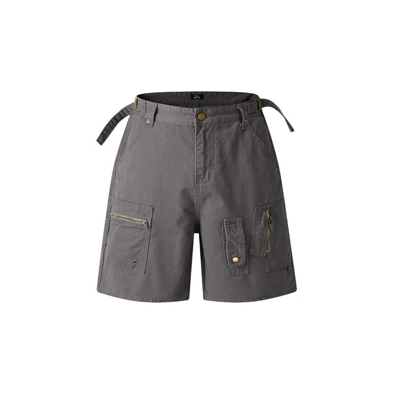 Retro washed cotton shorts for men and women in a loose fit with a zipper, shown in available colours.