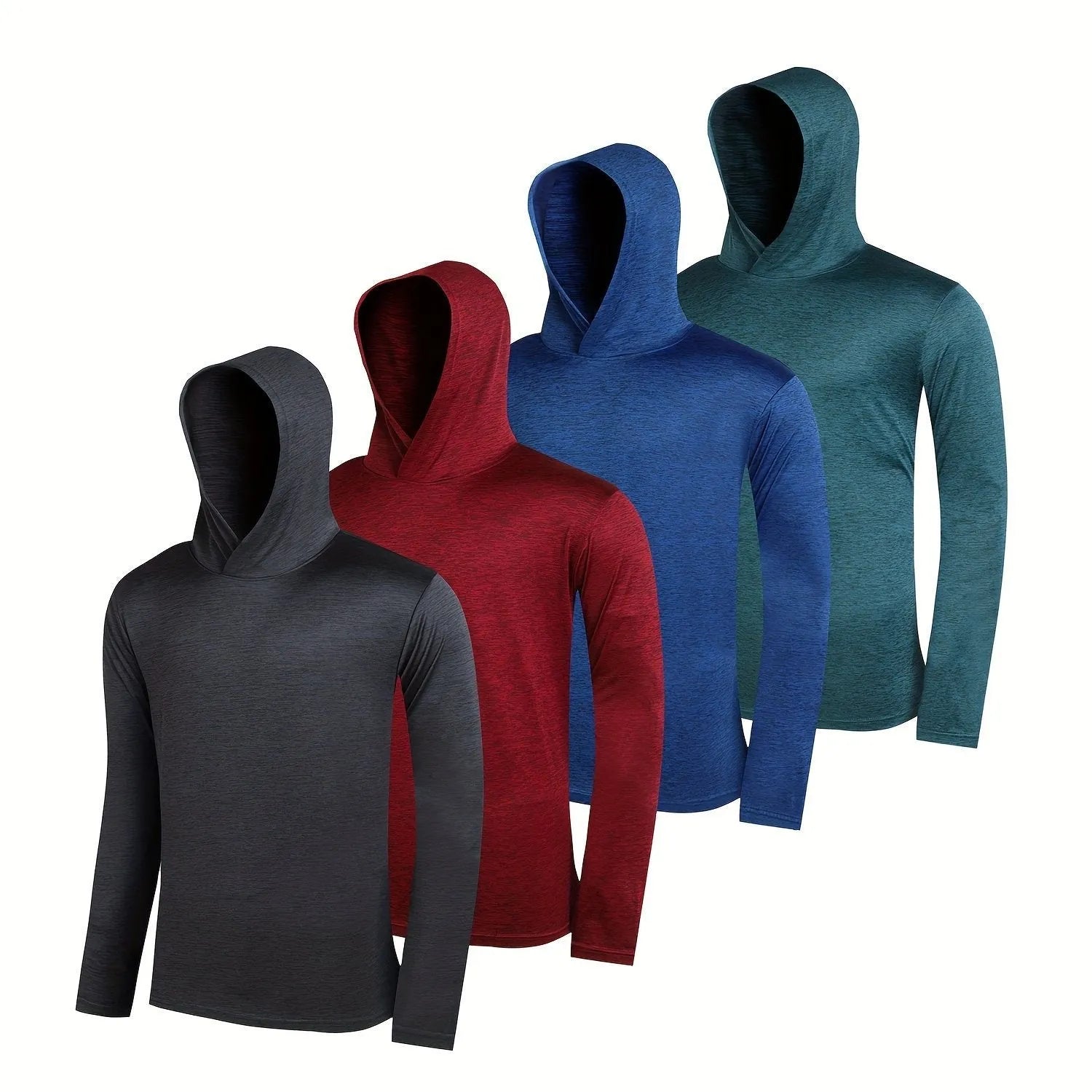 Pack of four men's lightweight hoodies in elastic polyester fibre, shown in various colours.
