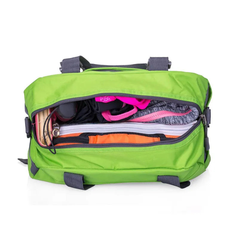Nylon yoga gym bag showing medium and large size options in six colour variations