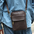 Men's brown genuine leather crossbody shoulder bag showing sewing line detailing