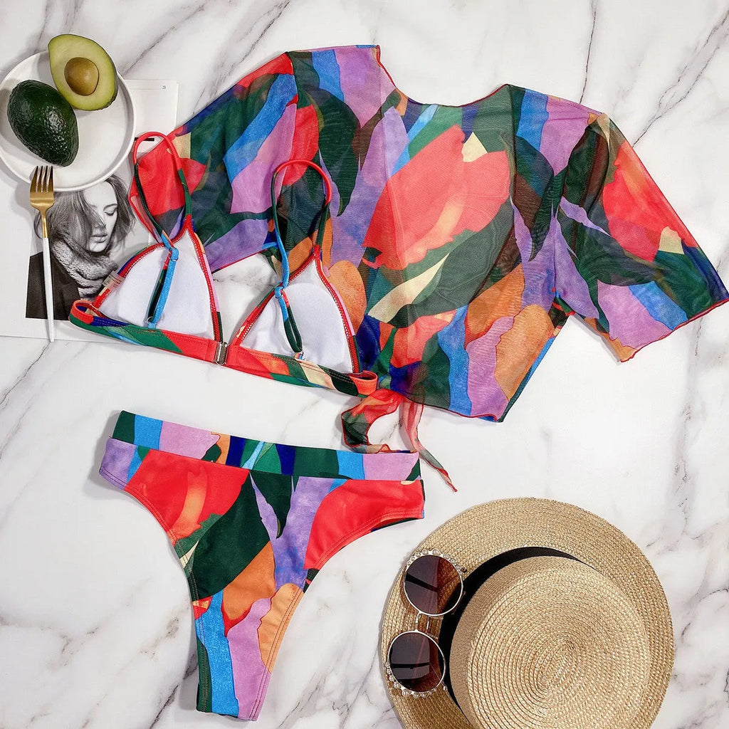 Red women's printed split swimsuit in nylon fabric for swimming and wading sports