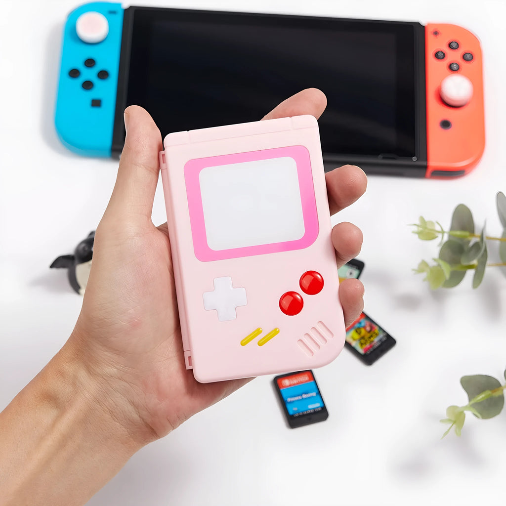Nintendo Switch game card storage box in white, pink, or blue colours with zonsk-switch design