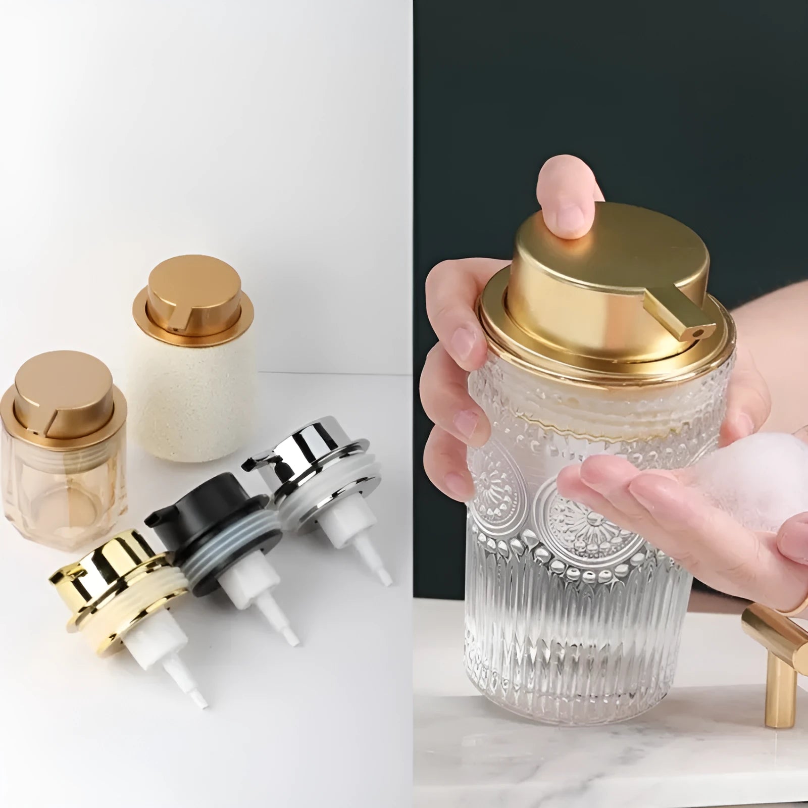 Foam pump facial cleanser dispenser with large plastic pump head in metallic finish
