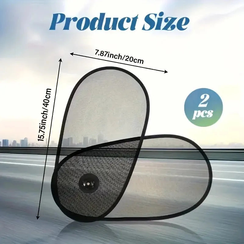 Black breathable car window shades stretched across a car side window with suction cup attachments