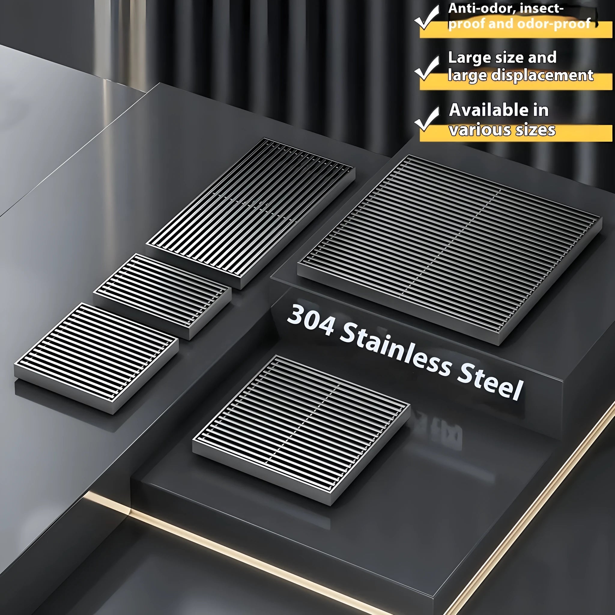 Gun grey 304 stainless steel courtyard floor drain with a 15x15cm ABS plastic core insert.