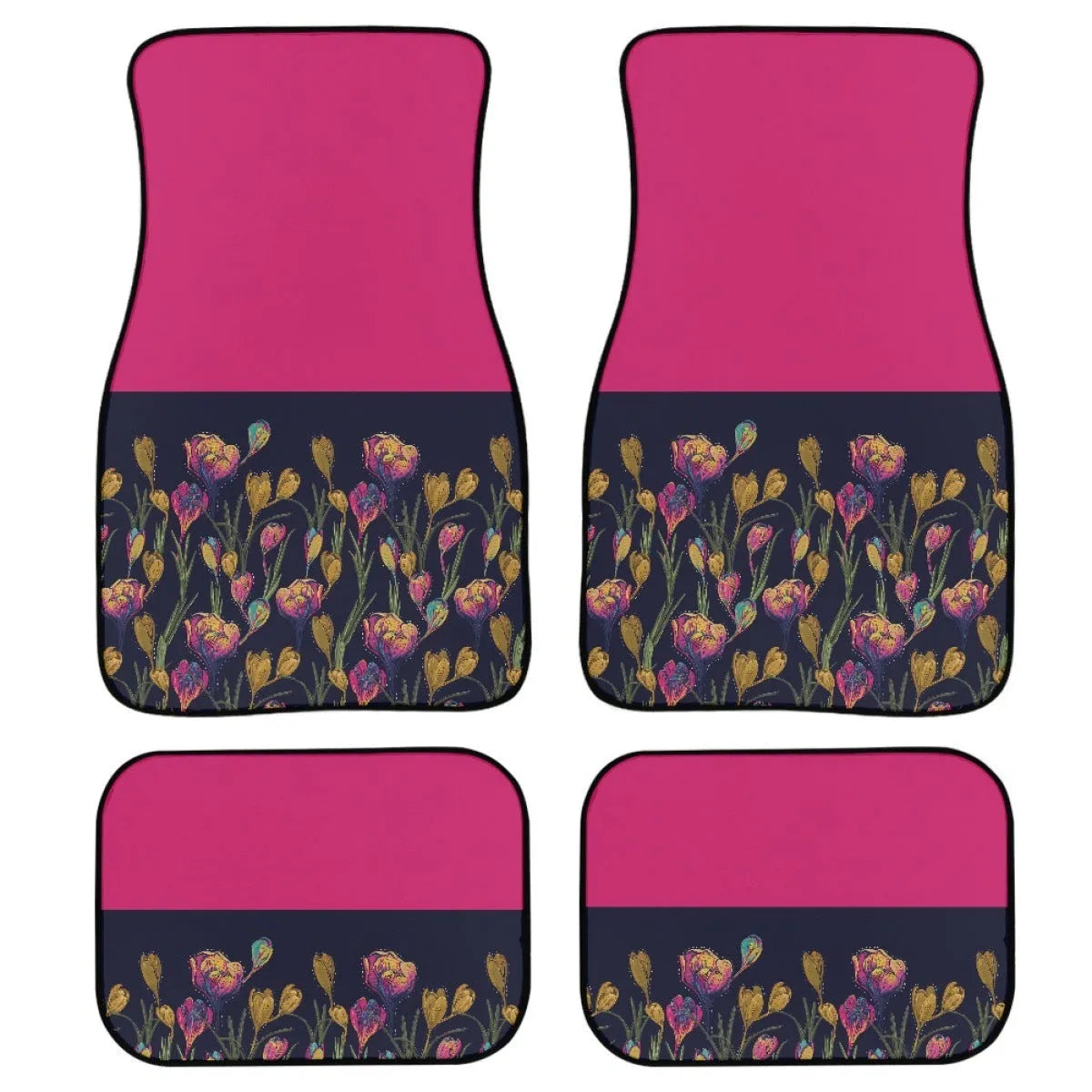 Black rubber car floor mats four-piece set showing textured surface and 20mm thickness.