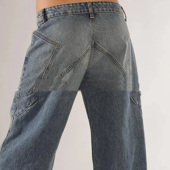 Loose fit straight wide leg cotton mop trousers in blue colour showing low waist and splicing detail