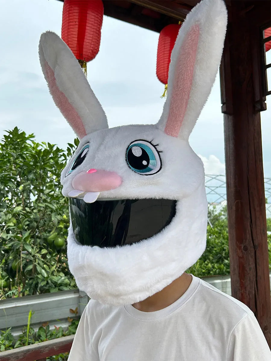 White rabbit head helmet cover for electric motorcycles with plush needle detailing