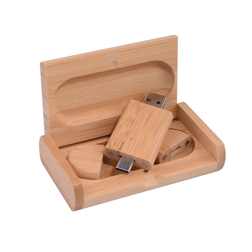 Wooden USB flash drive with carved maple box and USB-C connector for mobile phones