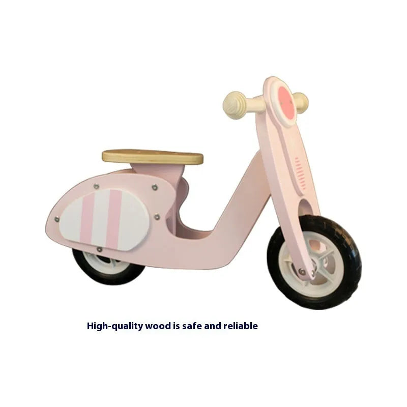 Pink wooden toddler balance scooter with a 10-inch wheel for children aged 1 to 6 years.