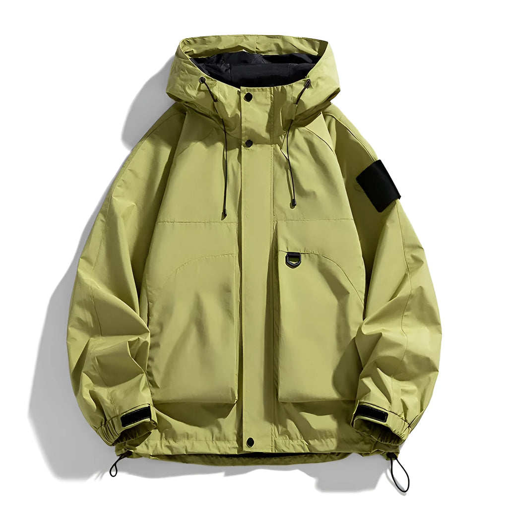 Men's black waterproof hooded jacket with long sleeves, shown in a regular length cut.