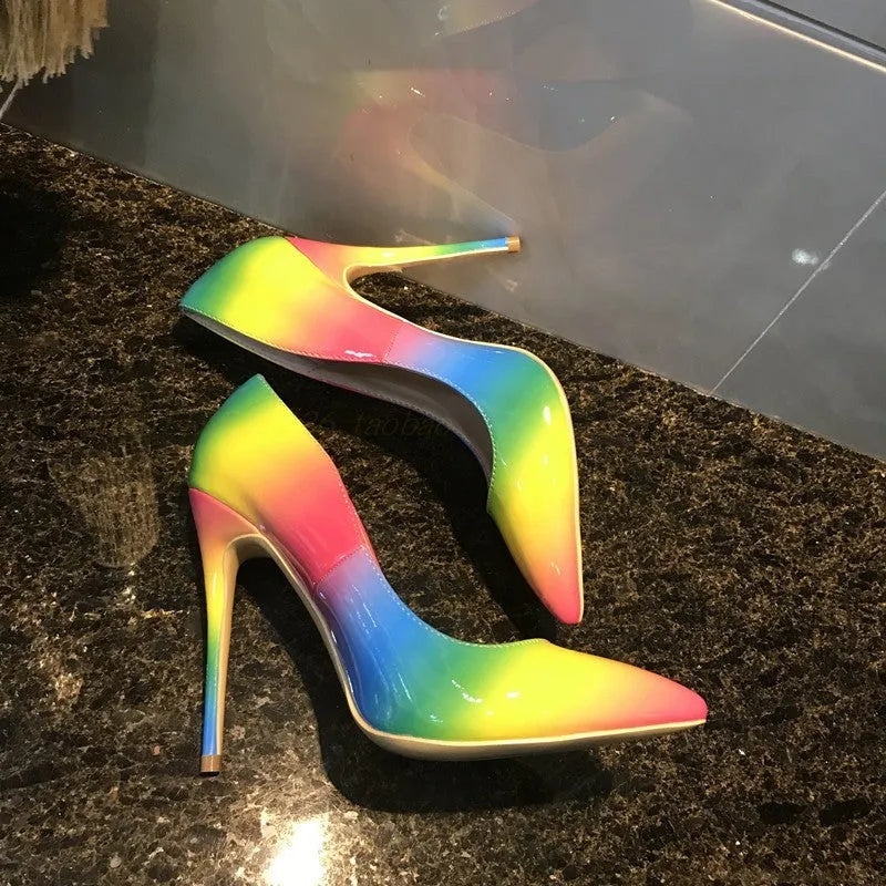 Rainbow patent leather ultra-high heels with pointed toe in thin heel construction