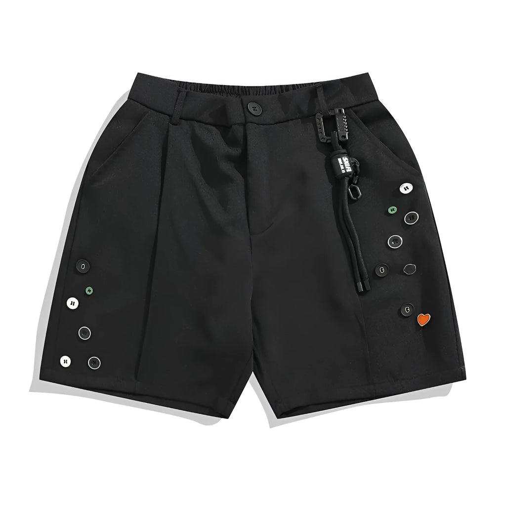 Men's black semi-elastic waist casual shorts with button and zip fly, shown in a loose, straight-leg fit.