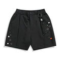 Men's black semi-elastic waist casual shorts with button and zip fly, shown in a loose, straight-leg fit.