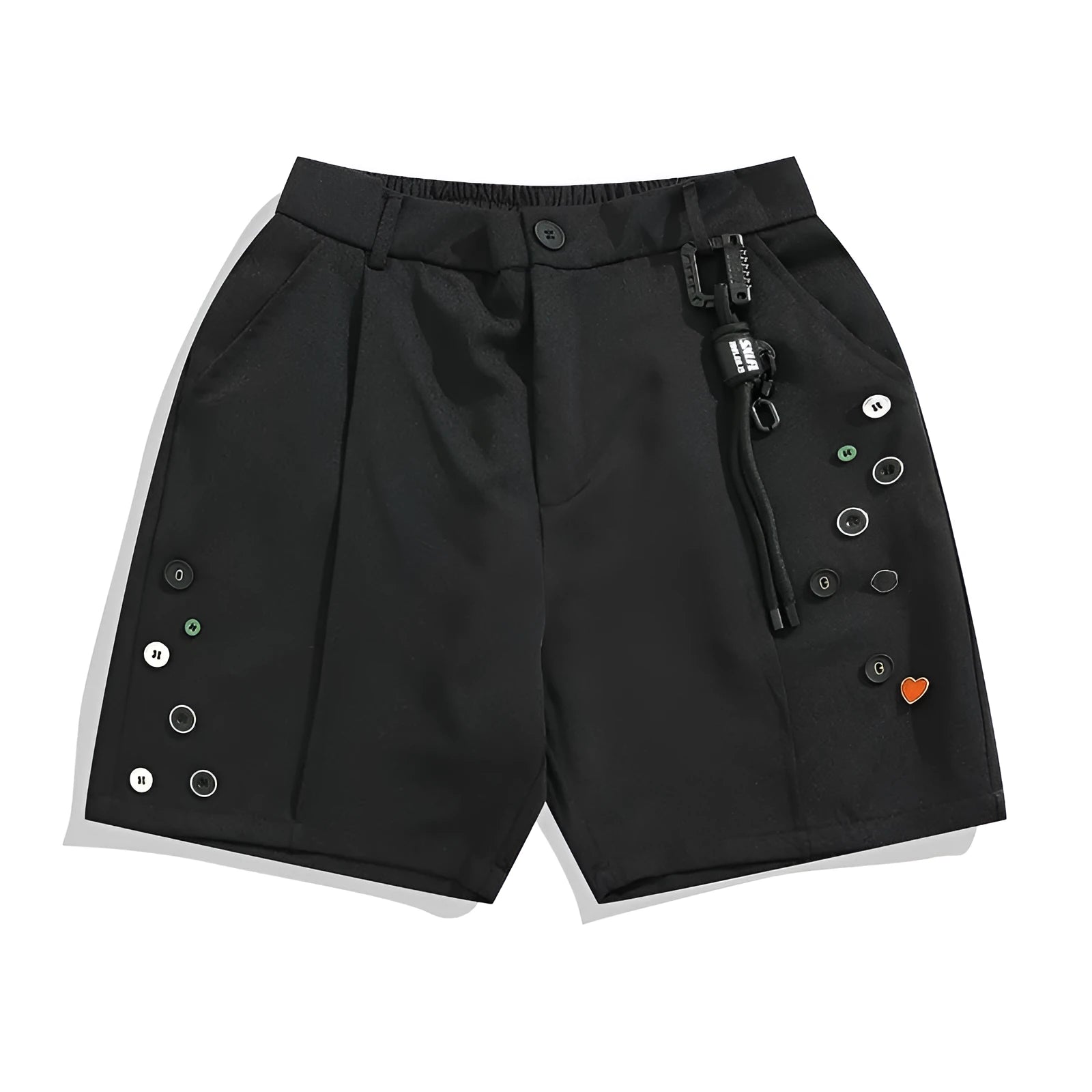Men's black semi-elastic waist casual shorts with button and zip fly, shown in a loose, straight-leg fit.