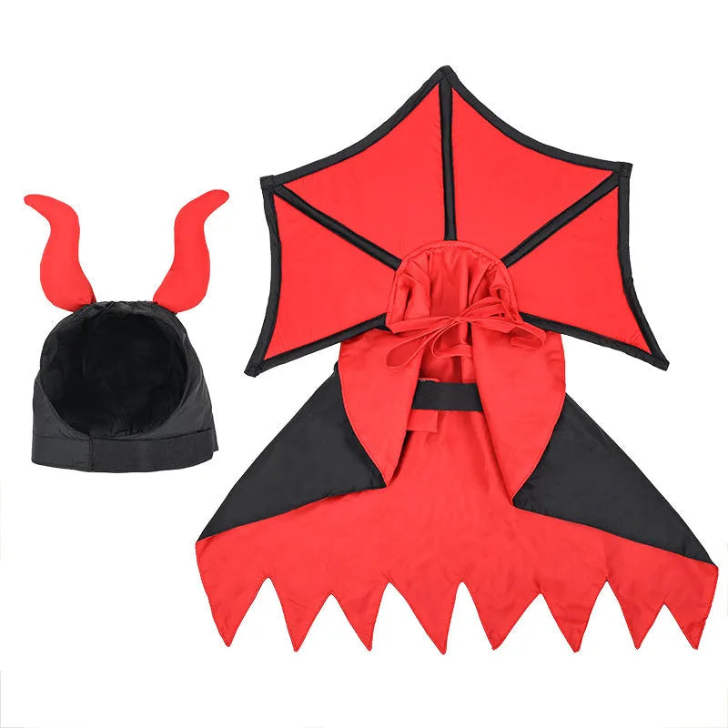 Black vampire cloak and hat costume set for a small dog or cat on Halloween.
