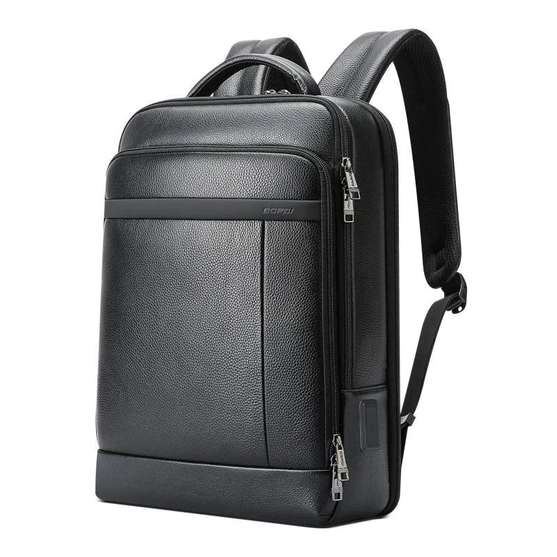 Black leather business backpack for men with USB charging port and curved shoulder straps
