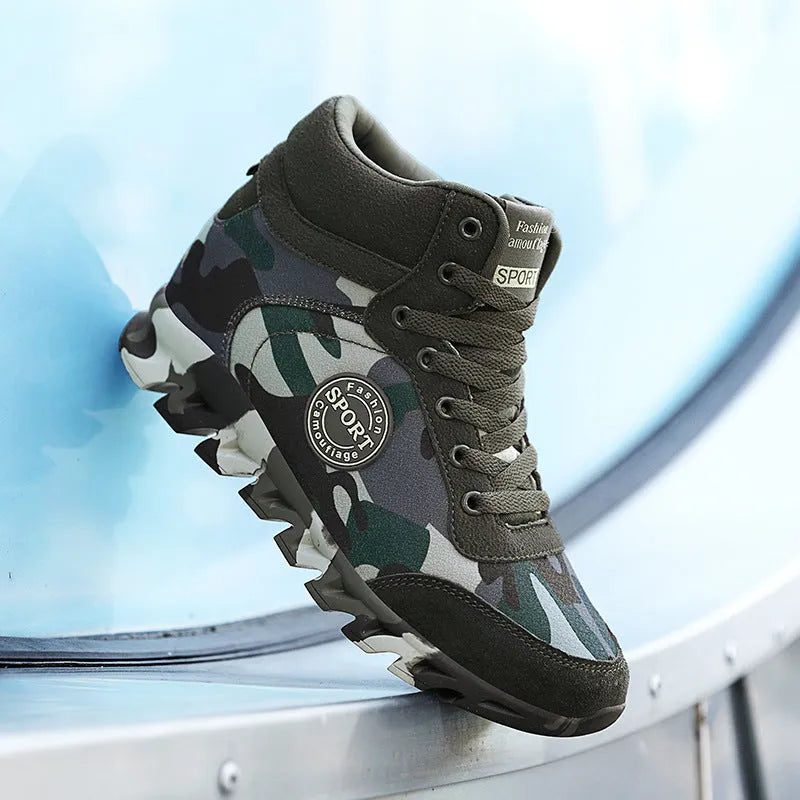Women's green camouflage canvas sneakers with rubber soles shown in casual setting