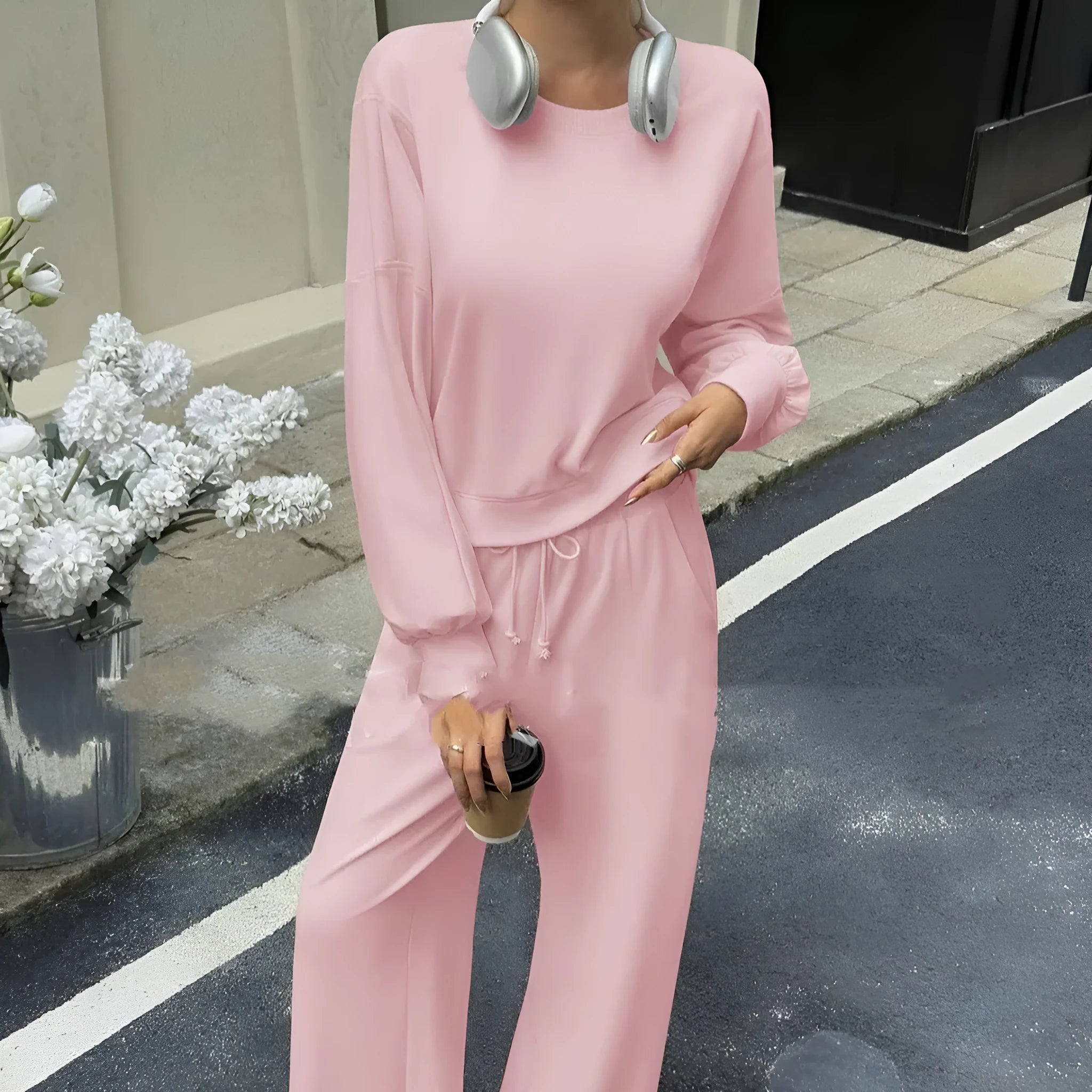 Women's solid colour polyester two-piece trousers set with street hipster styling