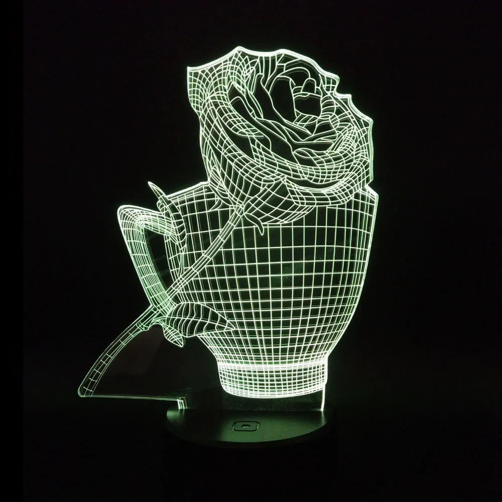 3D acrylic rose flower LED night light with remote control on a dark surface, showing colourful illumination.