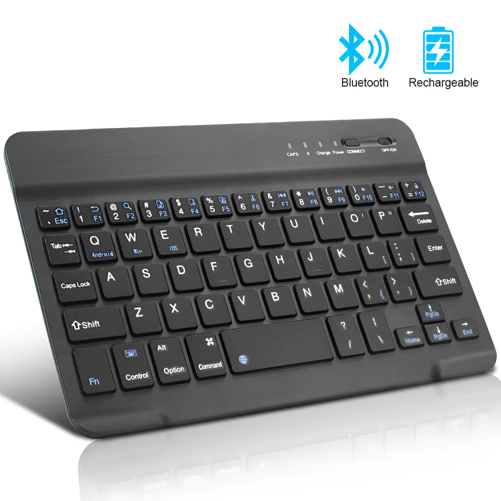 Black and white mini Bluetooth wireless keyboard shown in 7 inch, 9 inch, and 10 inch size options.