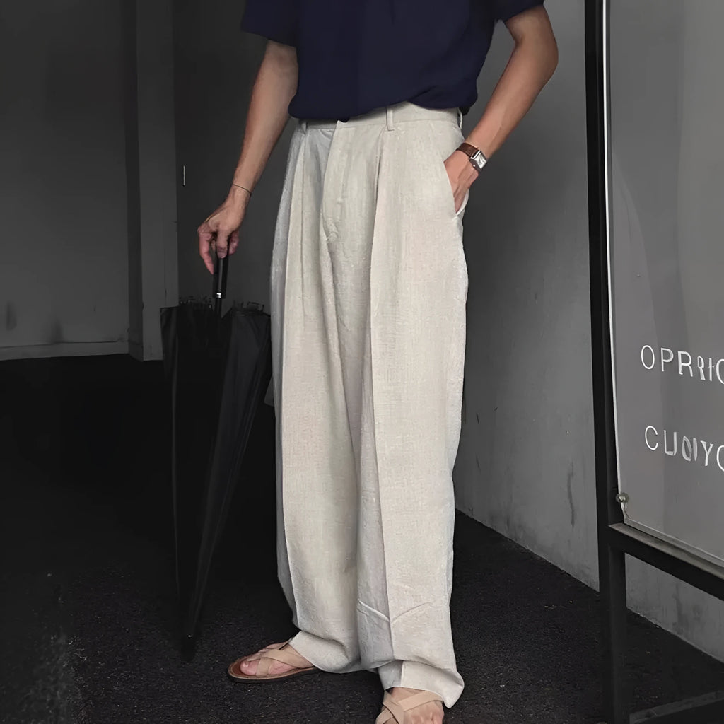 Men's apricot wide-leg cotton linen trousers with micro-elastic waist and pencil leg opening