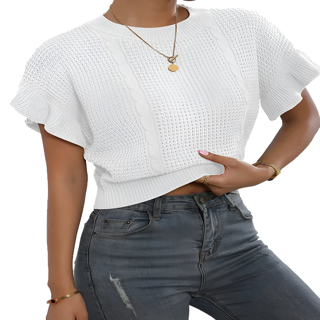 Twisted string pattern knitted pullover with ruffled short sleeves and round neck in loose fit