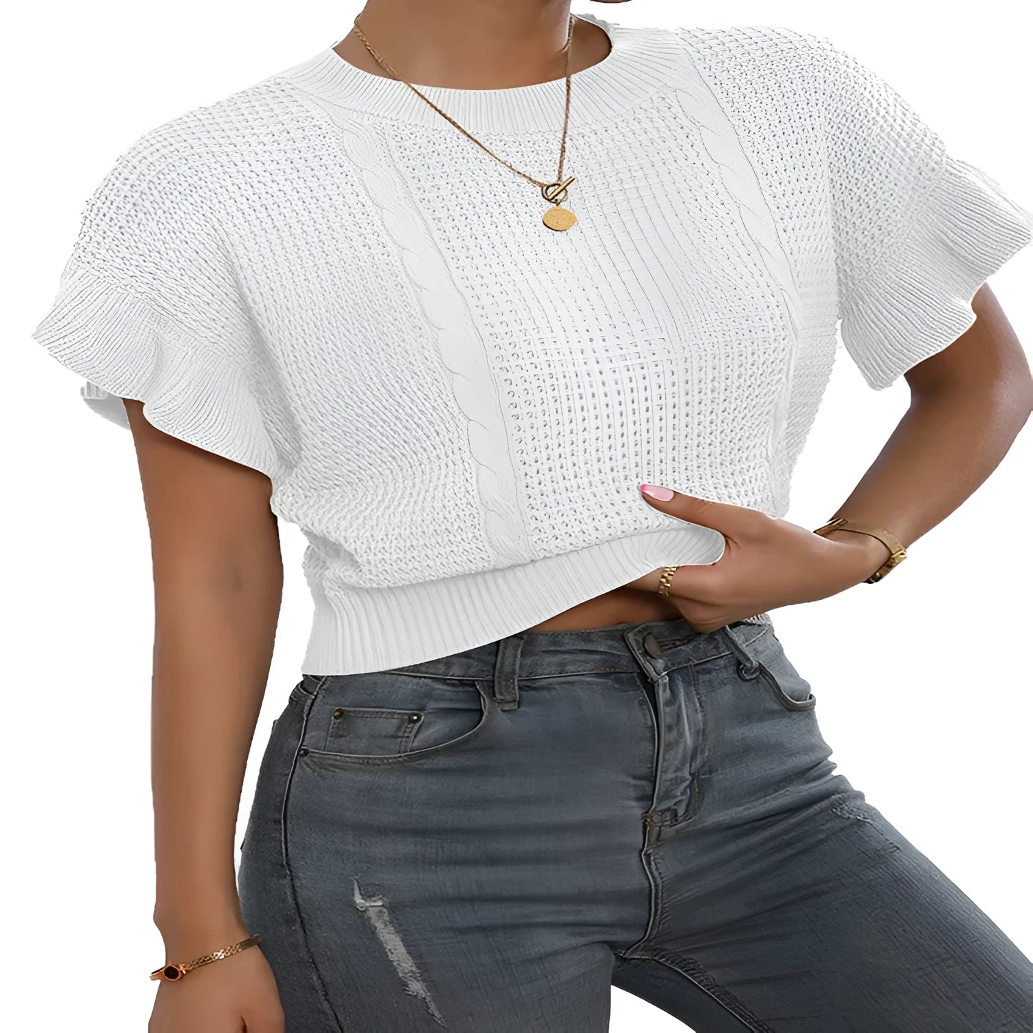 Twisted string pattern knitted pullover with ruffled short sleeves and round neck in loose fit