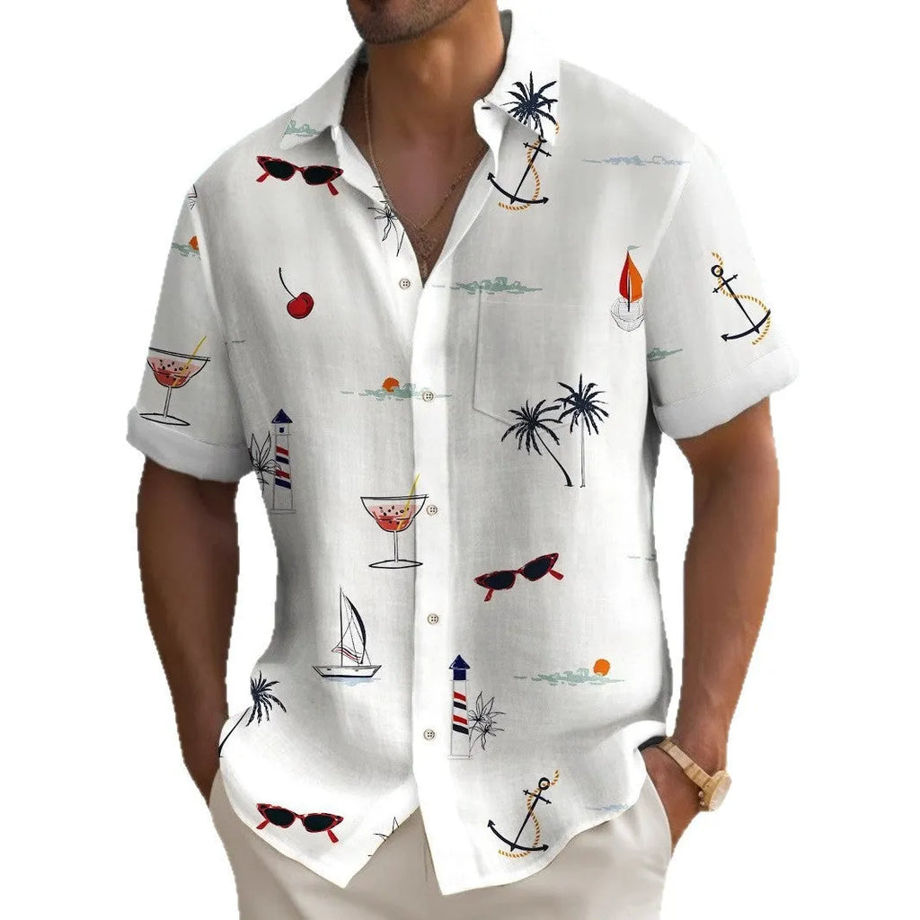 Men's loose fit short sleeve Hawaiian shirt with a colourful digital print pattern on polyester fabric.