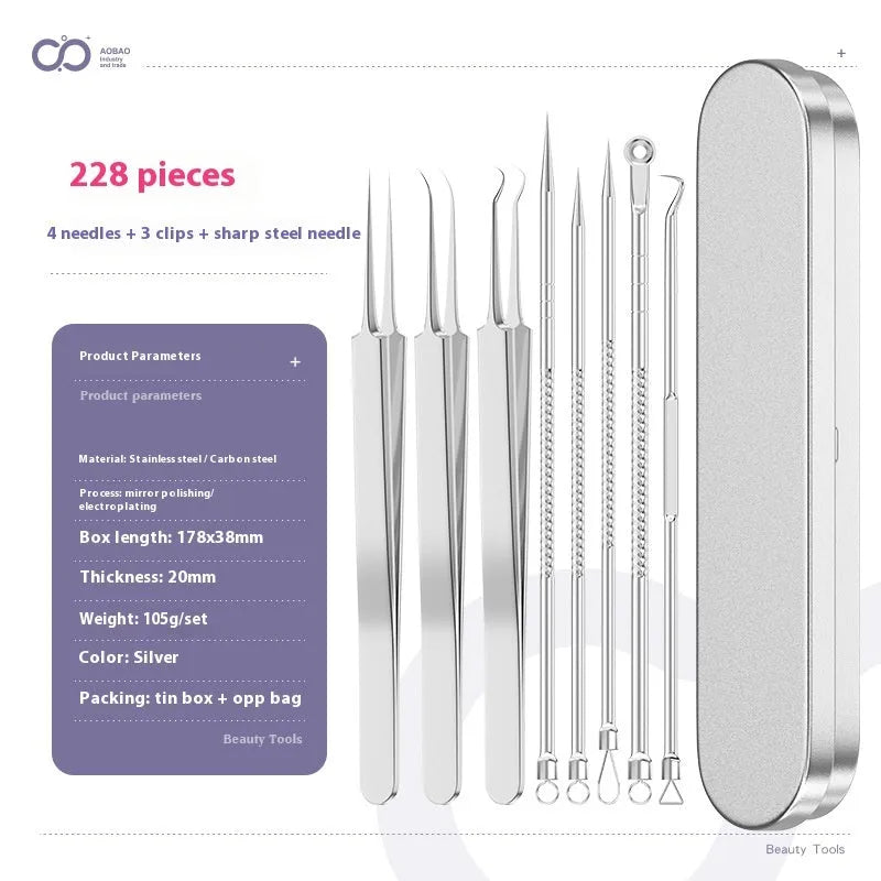 Four silver metal acne needles with pointed tips for skincare extraction.