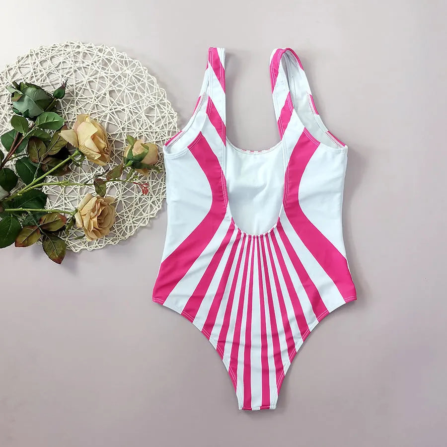 Pink striped one-piece swimsuit for women with front and rear digital printing.