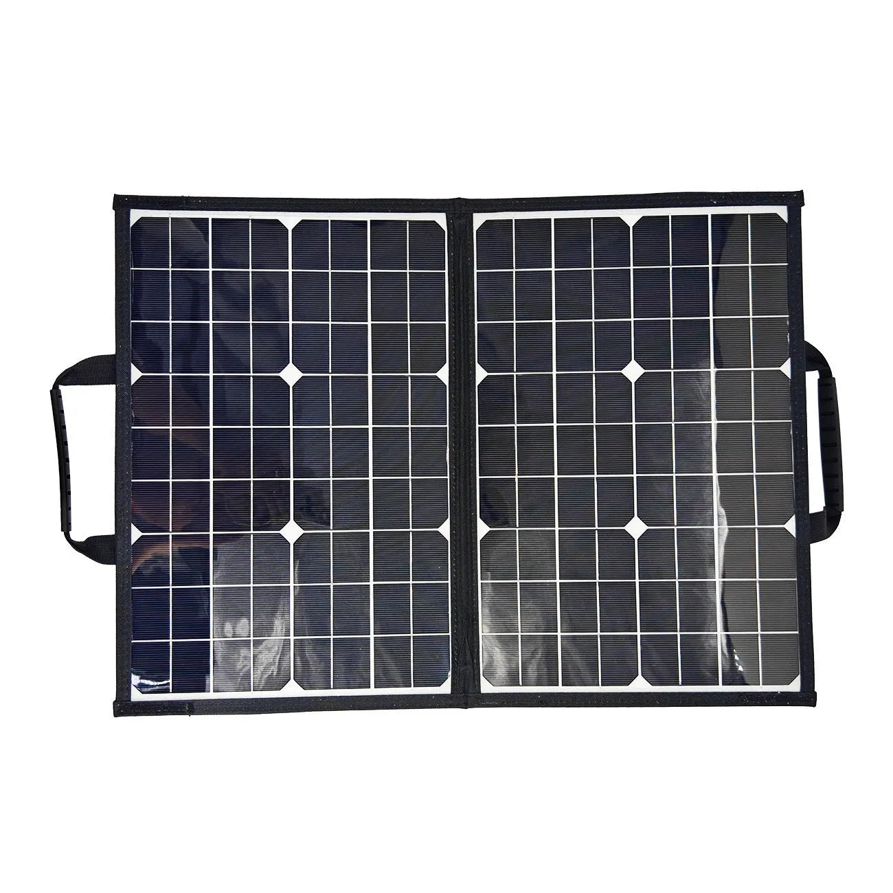 Black 40W monocrystalline solar folding bag panel shown folded to its compact size.