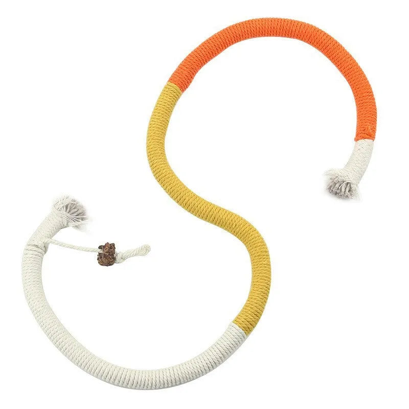 Long purple, orange, and red-with-green cotton rope cat toys stuffed with catnip for biting and playing.